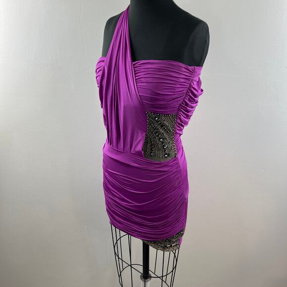 BOUBOU Purple Cotton Blend One Shoulder Embellished Ruched Mini Cocktail Dress S - Picture 4 of 7